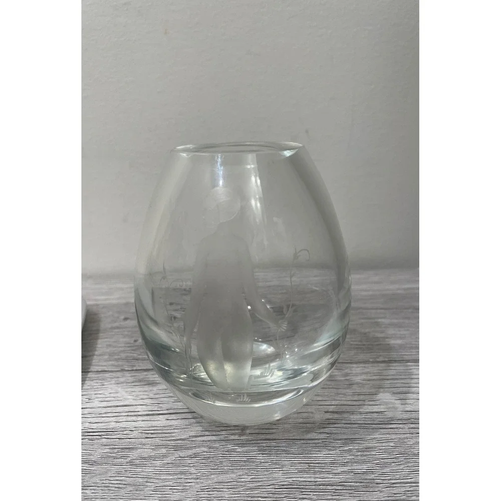 Holmegaard Hellasliard Etched Nude Crystal Vase Signed Danish Art Glass 14387-11